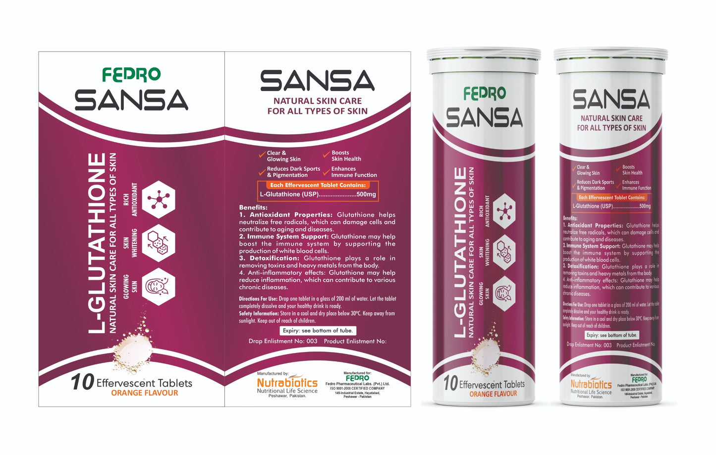 SANSA - Glutathione Effervescent Tablets with Vitamin C, E & Hyaluronic Acid – Skin Brightening & Antioxidant Boost